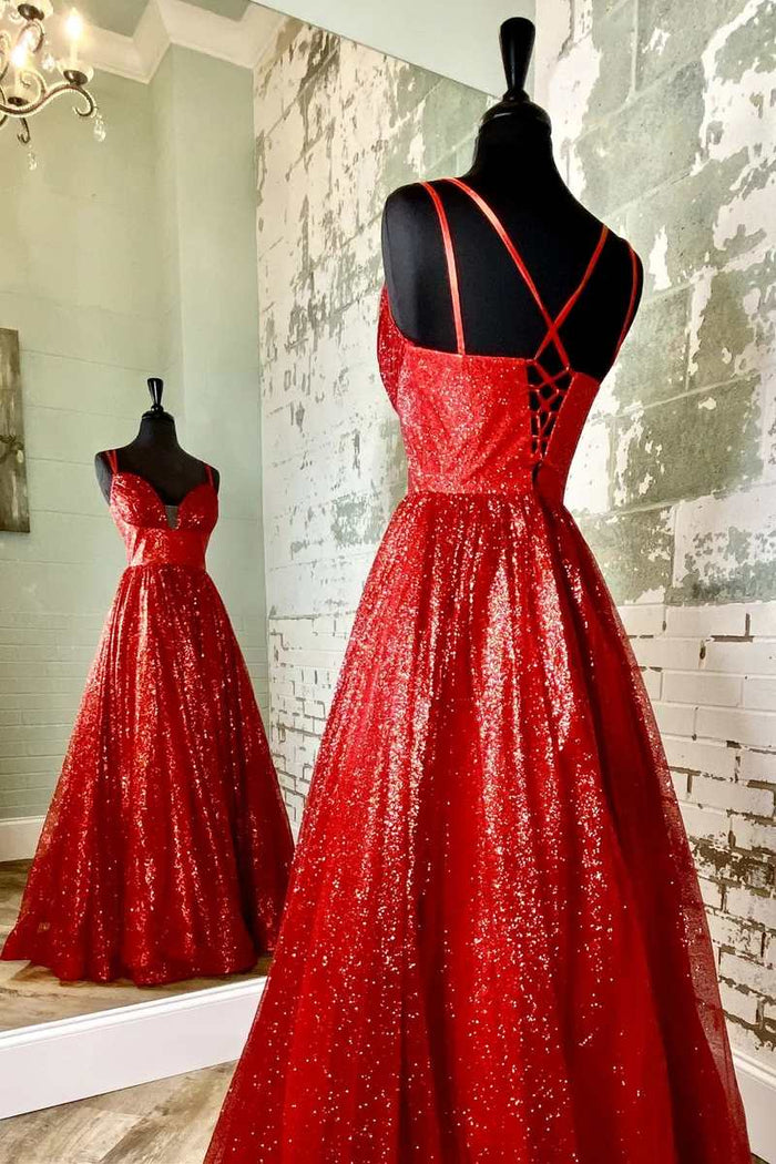 A-Line Red Sequin Lace-Up Long Prom Dress