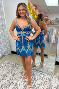 Blue & Gold Sequin V-Neck Fringe Cocktail Gown