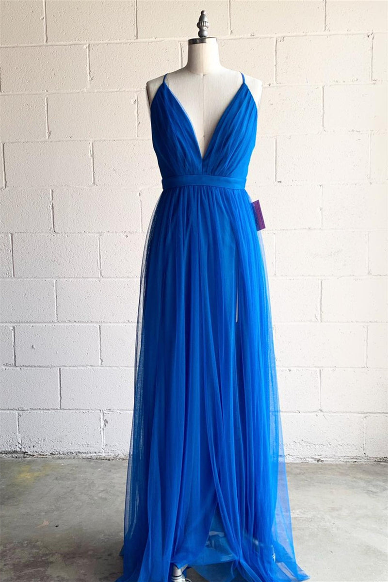 Royal Blue A-line V Neck Pleated Tulle Long Bridesmaid Dress with Slit