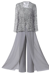 Grey Three-Piece Lace Mother of the Bride Pant Suits