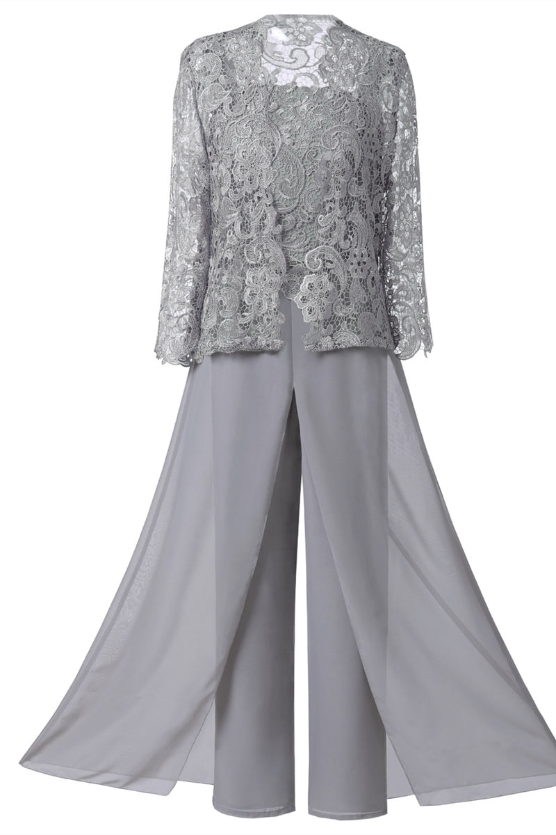 Grey Three-Piece Lace Mother of the Bride Pant Suits
