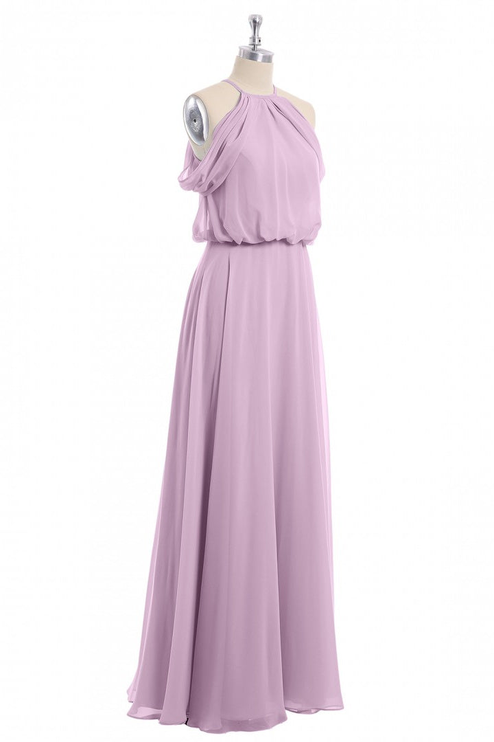 Sage Green Chiffon Halter Blouson-Style Long Bridesmaid Dress