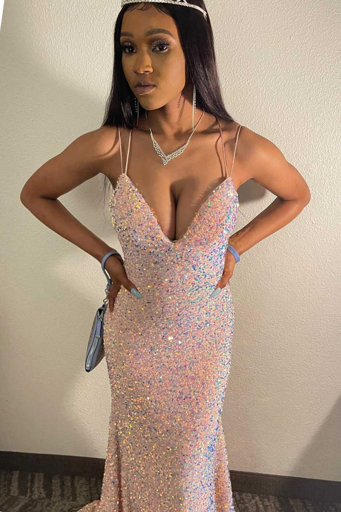 Pink Iridescent Sequin Lace-Up Mermaid Long Prom Dress