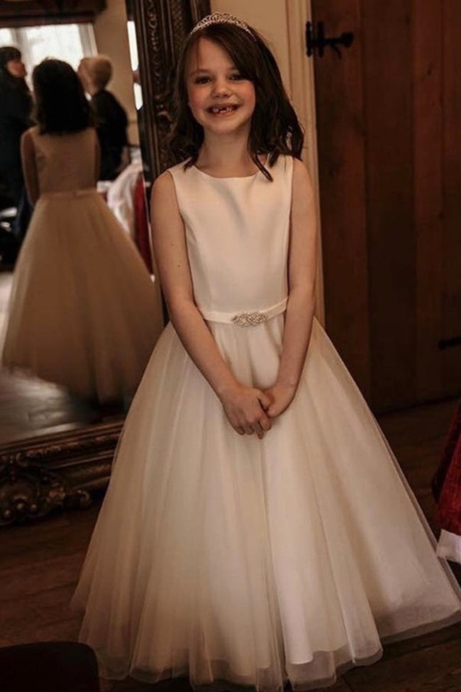 White Jewel Sleeveless Beaded Sash Long Flower Girl Dress with Buttons