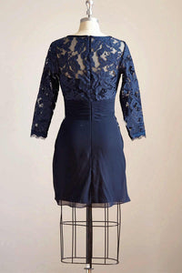 Navy Blue Lace Long Sleeve Ruched Short Mother of the Bride Dress