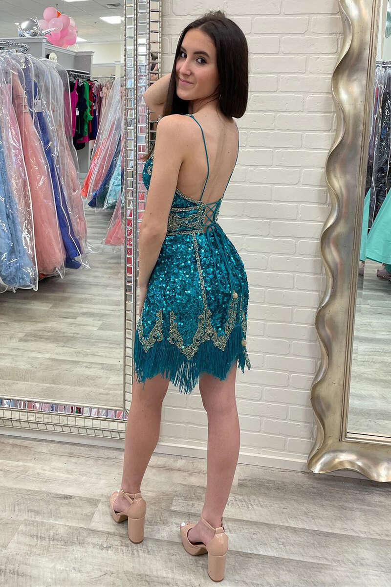 Blue & Gold Sequin V-Neck Fringe Cocktail Gown