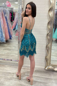 Blue & Gold Sequin V-Neck Fringe Cocktail Gown