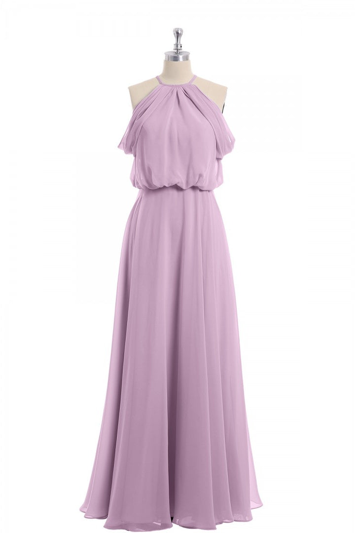 Sage Green Chiffon Halter Blouson-Style Long Bridesmaid Dress