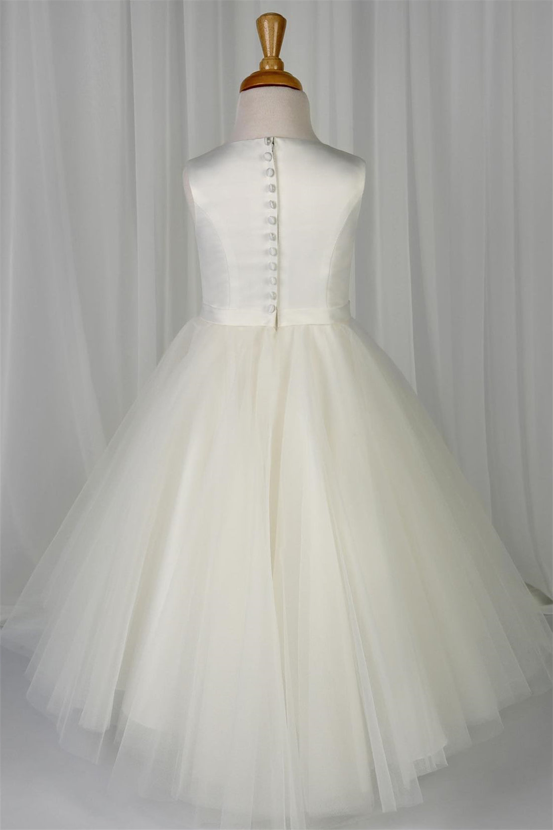 White Jewel Sleeveless Beaded Sash Long Flower Girl Dress with Buttons