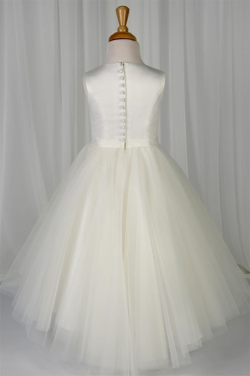 White Jewel Sleeveless Beaded Sash Long Flower Girl Dress with Buttons