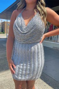 Light Blue Beaded Cowl Neck Mini Cocktail Dress