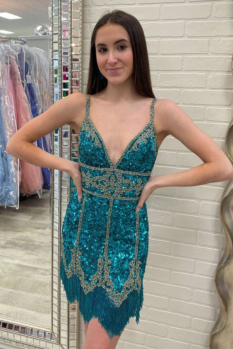 Blue & Gold Sequin V-Neck Fringe Cocktail Gown