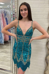 Blue & Gold Sequin V-Neck Fringe Cocktail Gown