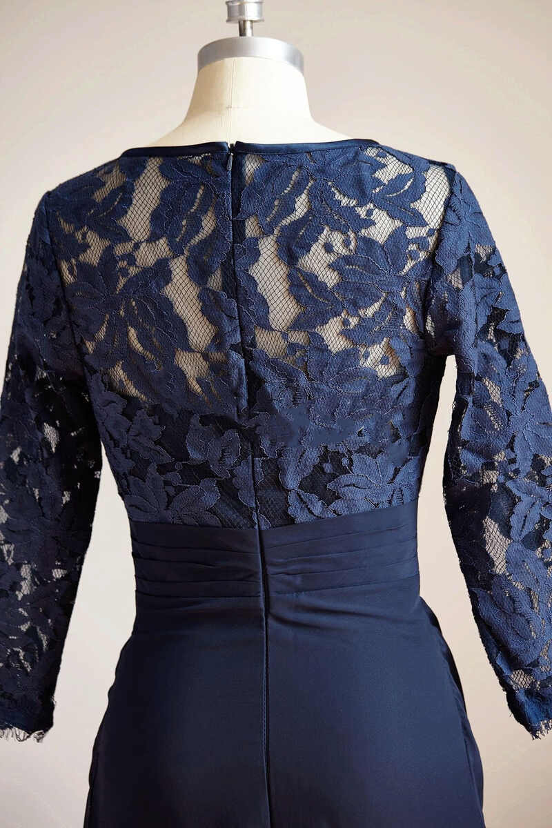 Navy Blue Lace Long Sleeve Ruched Short Mother of the Bride Dress