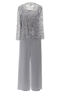 Grey Three-Piece Lace Mother of the Bride Pant Suits