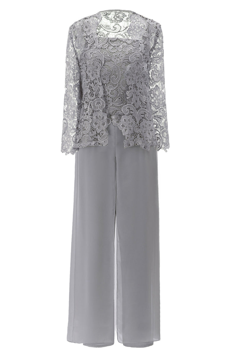 Grey Three-Piece Lace Mother of the Bride Pant Suits