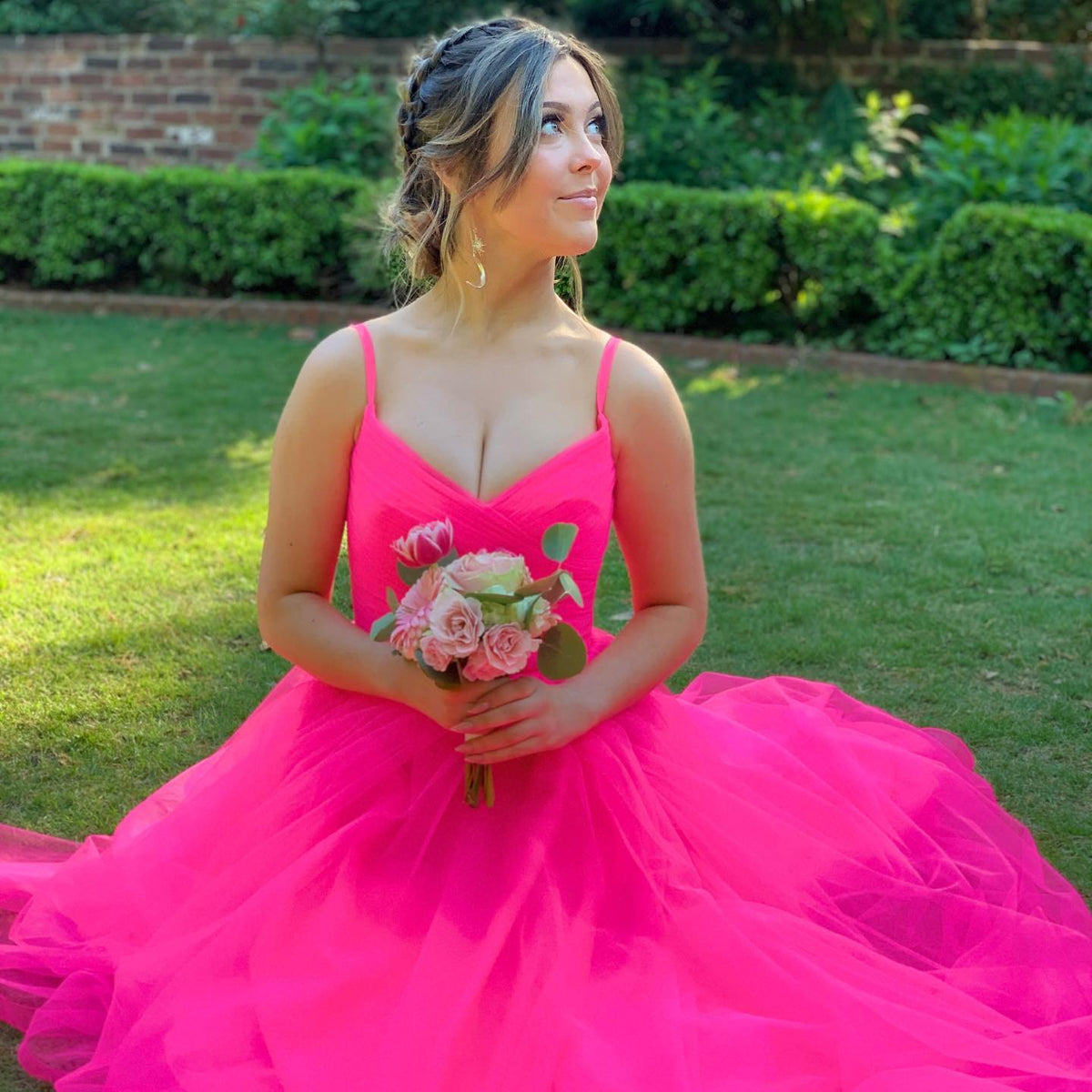 Straps Hot Pink Tulle Long Prom Dress