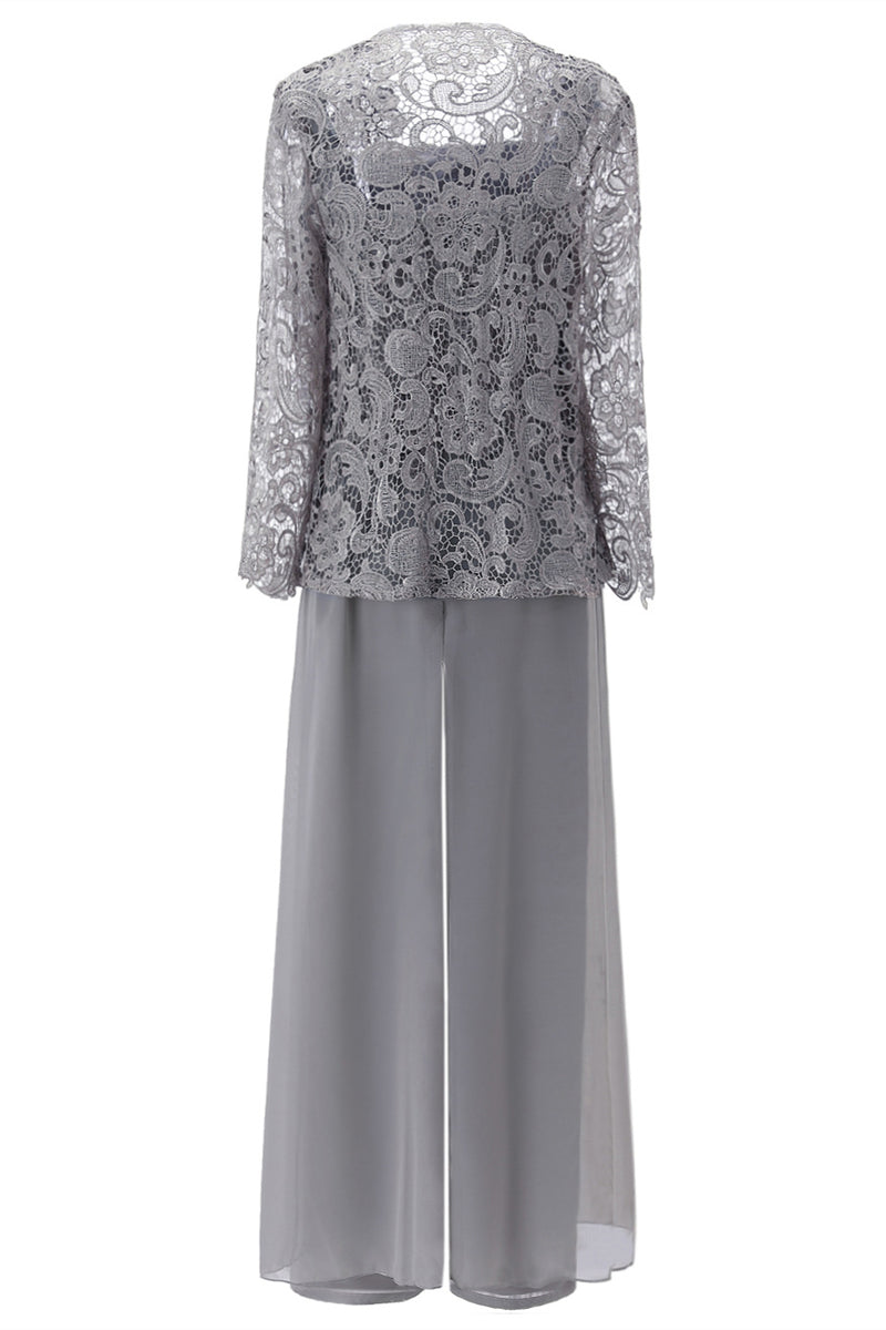 Grey Three-Piece Lace Mother of the Bride Pant Suits