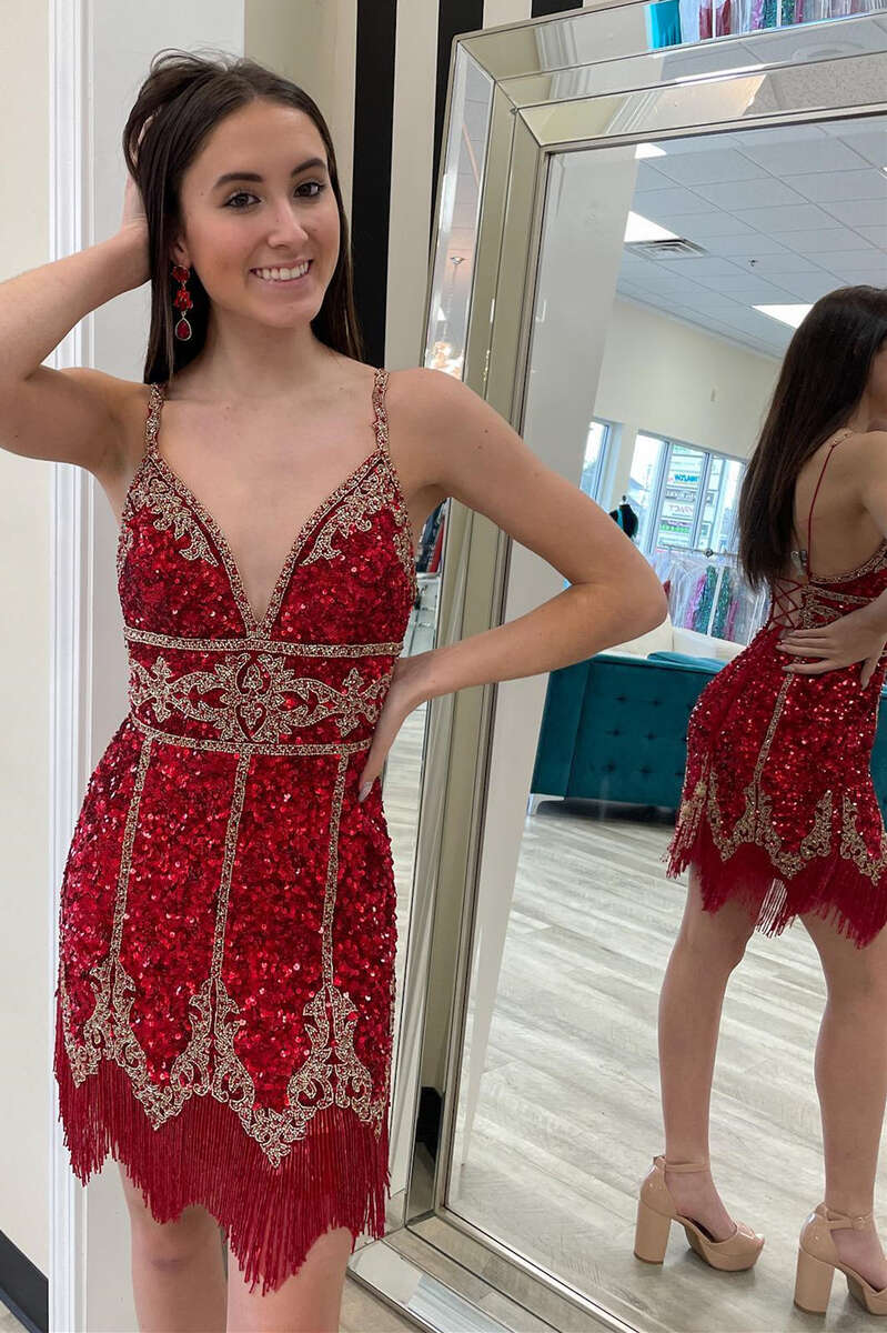 Blue & Gold Sequin V-Neck Fringe Cocktail Gown