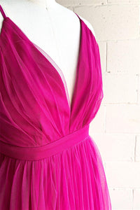 Fuchsia A-line V Neck Pleated Tulle Long Bridesmaid Dress with Slit