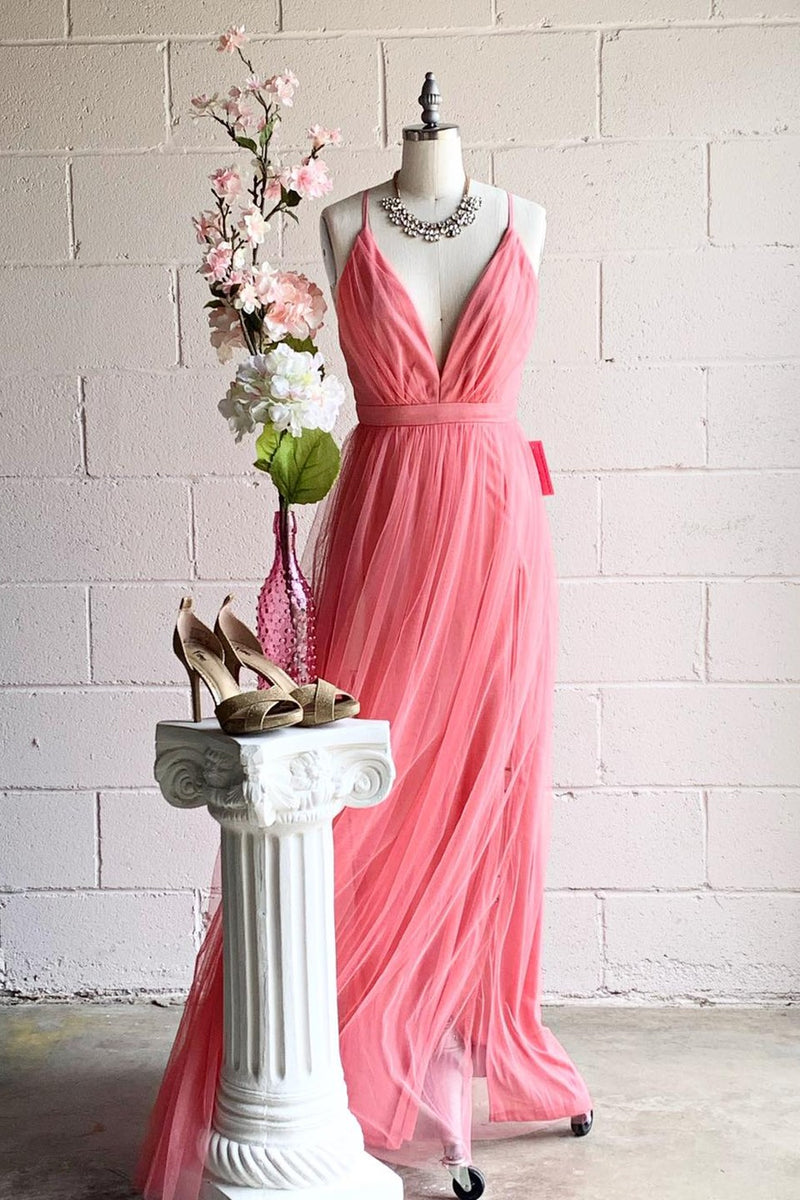 Pink A-line V Neck Pleated Tulle Long Bridesmaid Dress with Slit