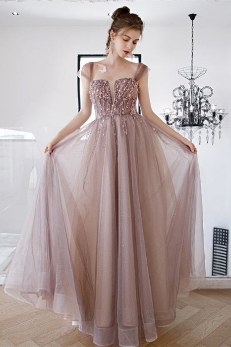 A-Line Cap Sleeve Beaded Dusty Rose Prom Dress