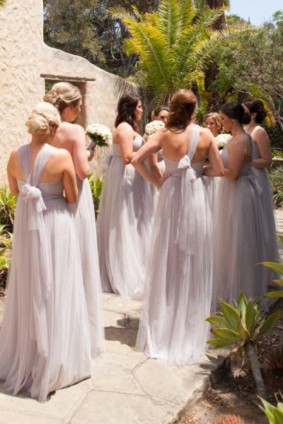 A-Line Tulle Silver Long Bridesmaid Dress with Lace up