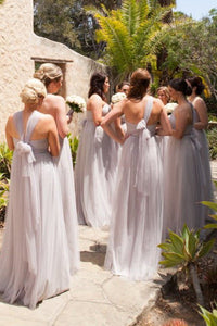 A-Line Tulle Silver Long Bridesmaid Dress with Lace up