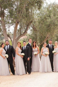 A-Line Tulle Silver Long Bridesmaid Dress with Lace up