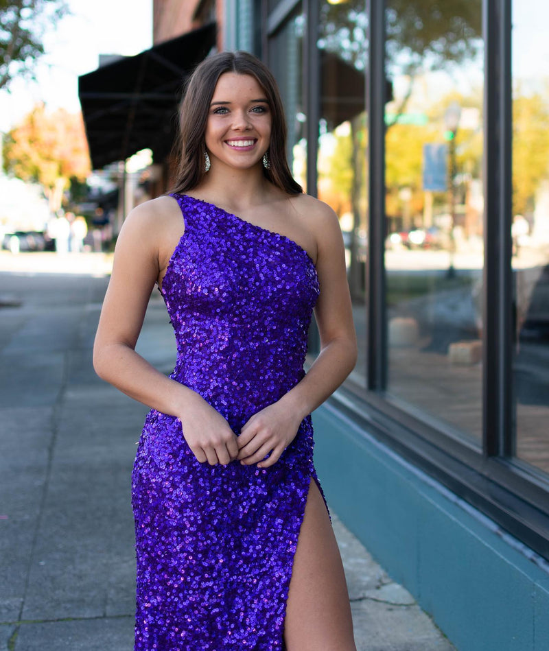 One Shoulder Hot Pink Sequins Long Formal Gown