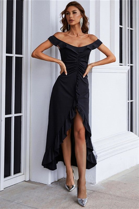 Black Off the Shoulder High Low Party Dress