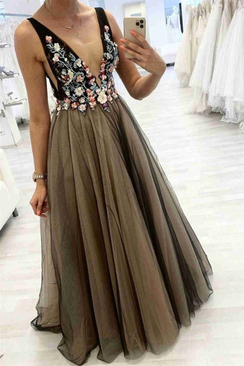 Elegant Plunging Neck Floral Black Prom Dress