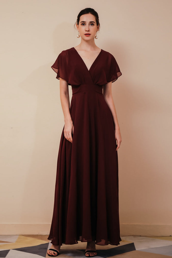 Burgundy Chiffon Empire Long Bridesmaid Dress