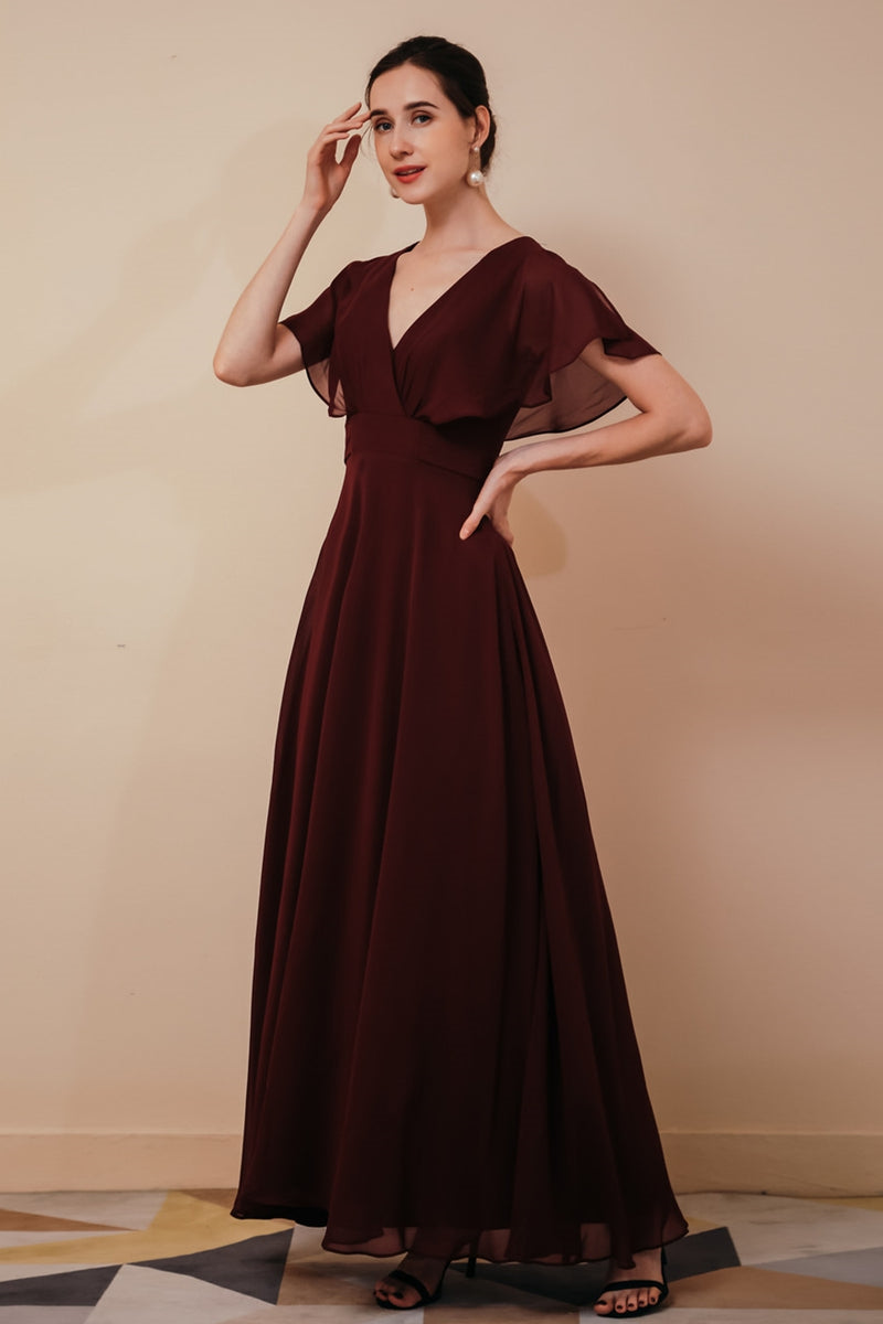 Burgundy Chiffon Empire Long Bridesmaid Dress
