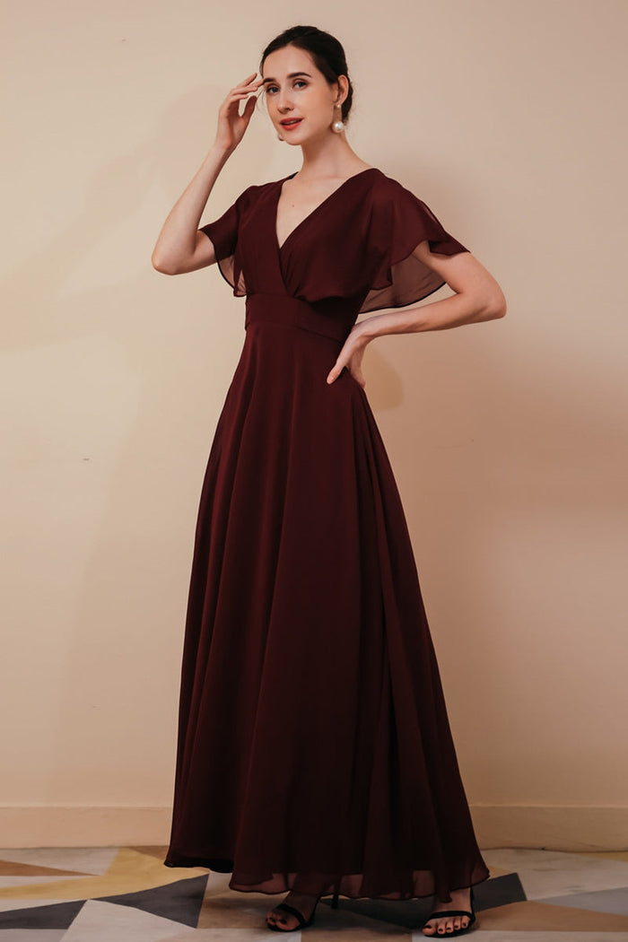 Burgundy Chiffon Empire Long Bridesmaid Dress