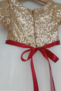 Gold & White Sequins Tie Back Flower Girl Dress