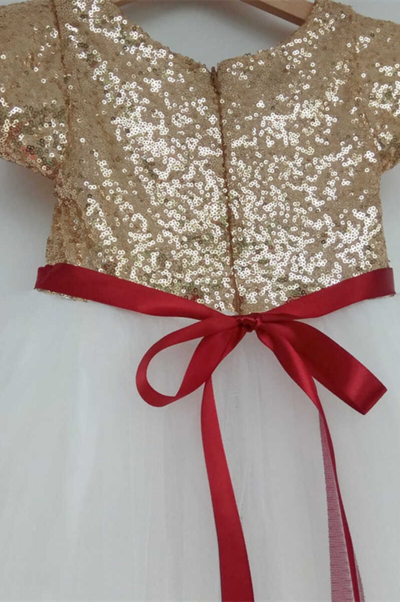 Gold & White Sequins Tie Back Flower Girl Dress