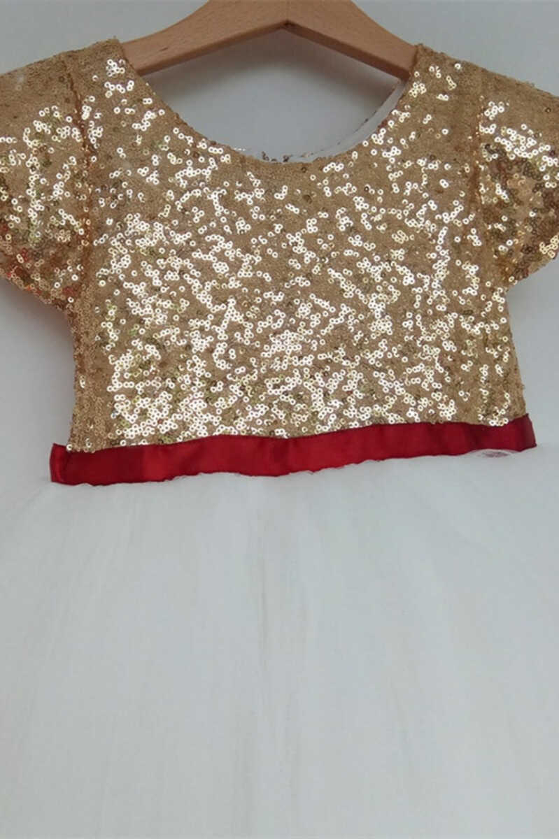 Gold & White Sequins Tie Back Flower Girl Dress