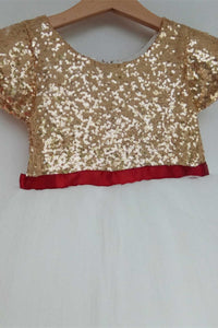 Gold & White Sequins Tie Back Flower Girl Dress
