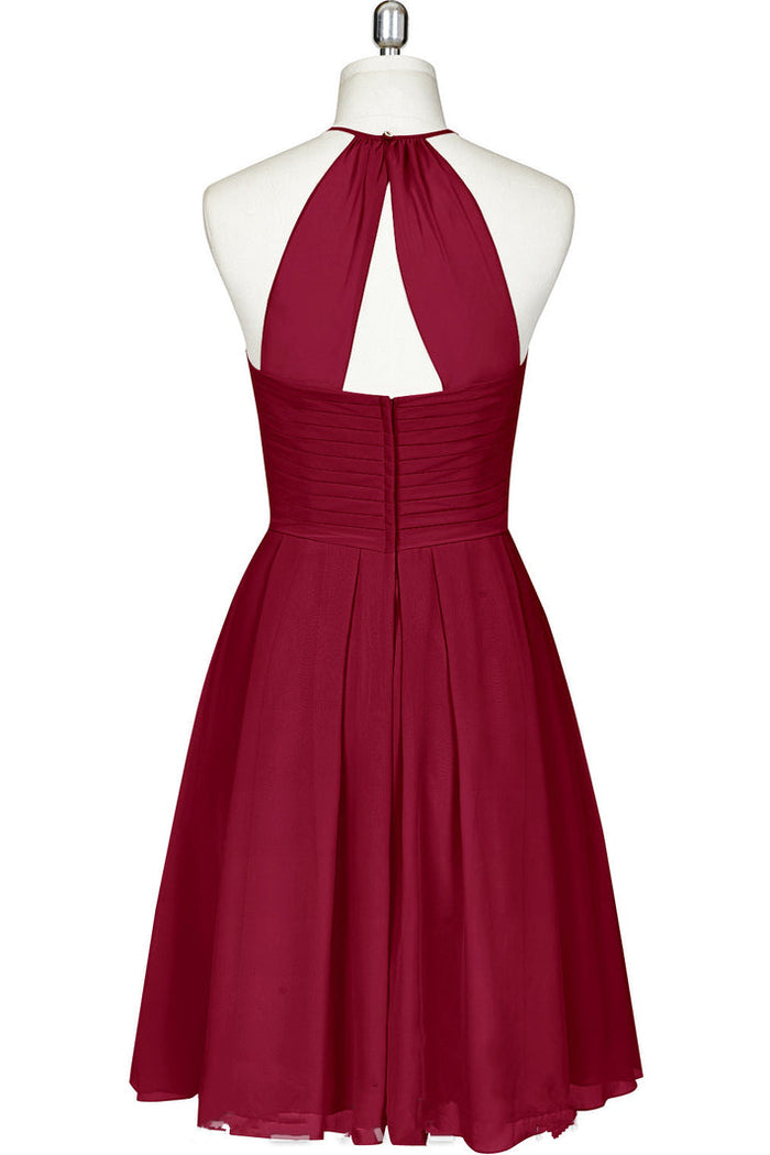 Cute Halter Burgundy Chiffon Knee Length Bridesmaid Dress