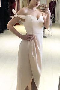 Cute Off the Shoulder Peach Midi Bridesmaid Dress
