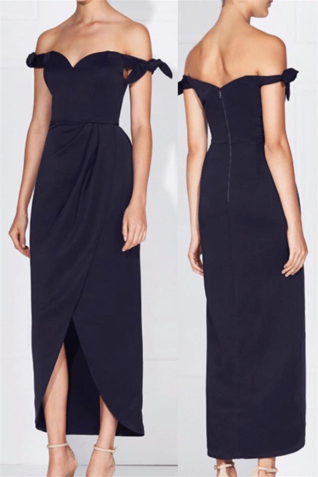 Cute Off the Shoulder Navy Blue Midi Bridesmaid Dress