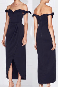 Cute Off the Shoulder Navy Blue Midi Bridesmaid Dress