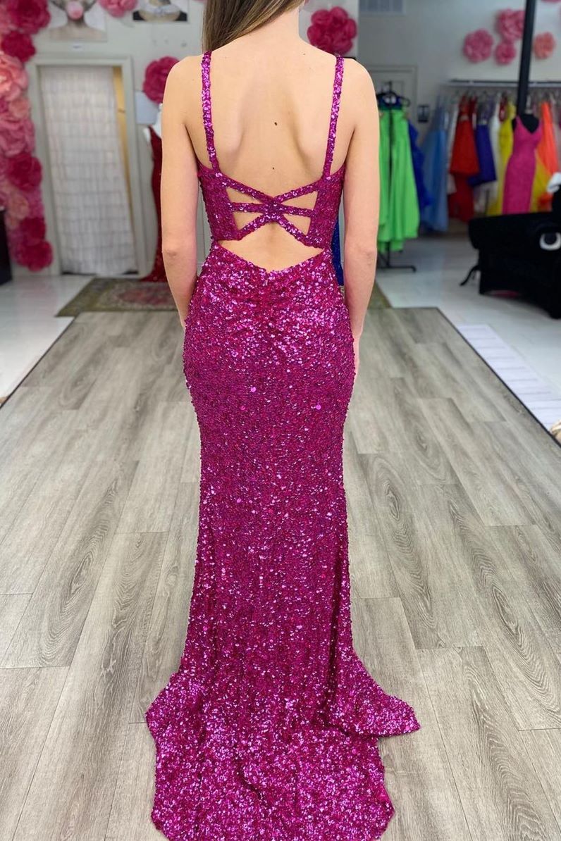 Fuchsia Sequins Mermaid Long Formal Dress with Slit