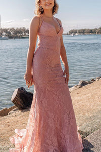 Mermaid Pink Lace Mermaid Long Prom Dress