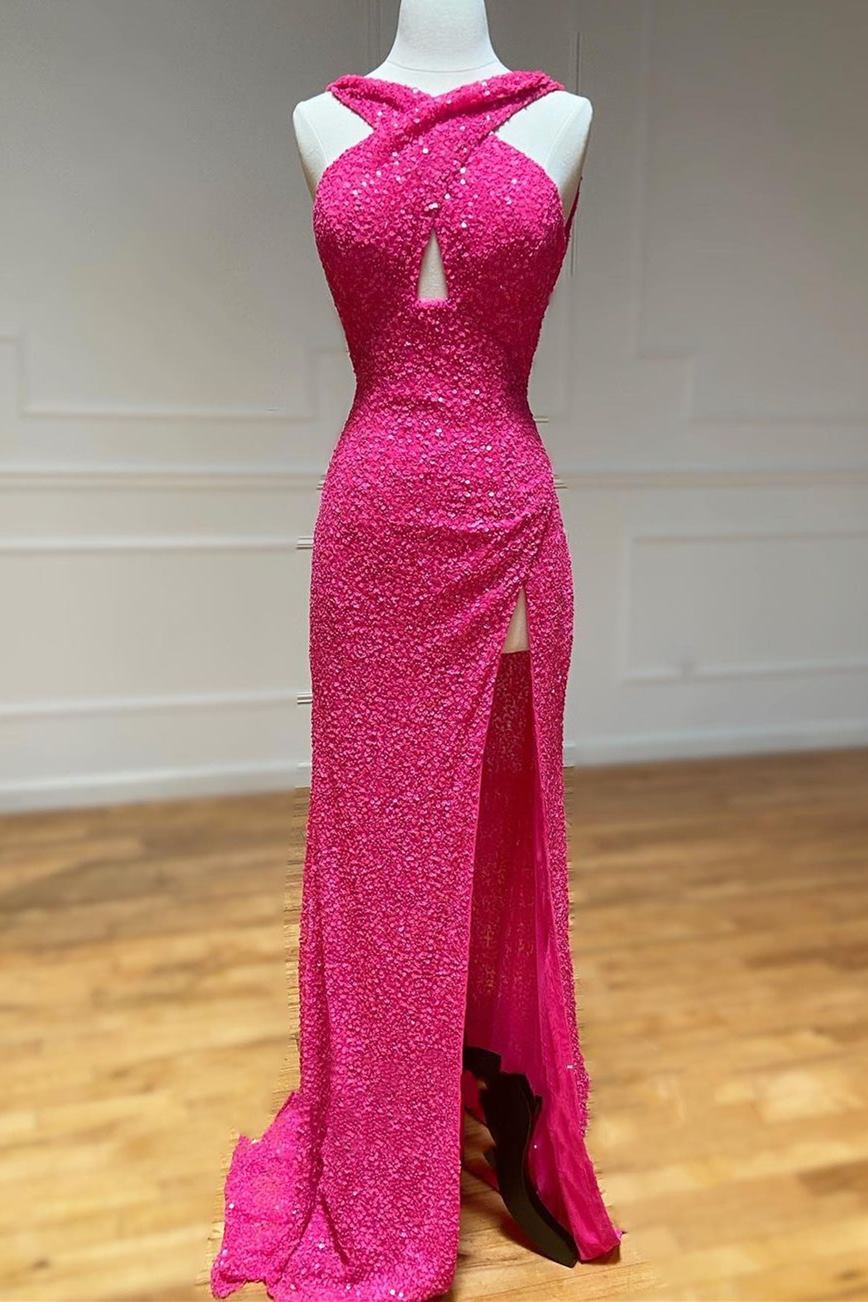 Cross Front Hot Pink Sequins Mermaid Long Formal Dress