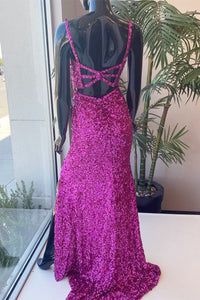 Fuchsia Sequins Mermaid Long Formal Dress with Slit