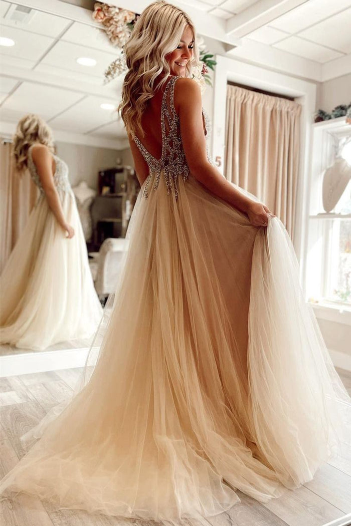 Beaded Champagne A-line Tulle Long Formal Dress