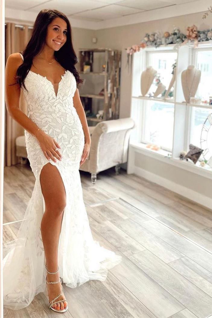 Mermaid White Appliques Long Formal Dress