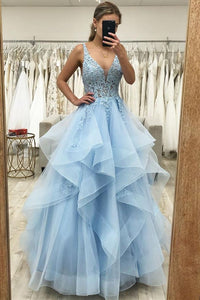 Princess Blue A-line Ruffles Long Prom Dress